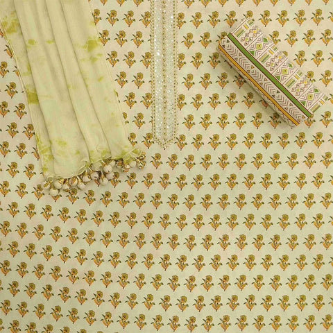 Pista Flower Unstitched Cotton Rajasthani Salwar Suit with Chiffon Dupatta