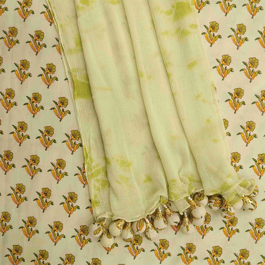 Pista Flower Unstitched Cotton Rajasthani Salwar Suit with Chiffon Dupatta