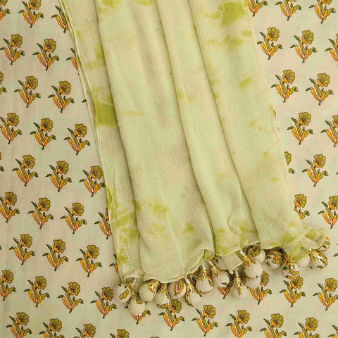 Pista Flower Unstitched Cotton Rajasthani Salwar Suit with Chiffon Dupatta