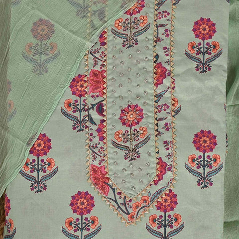 Pista Multiflower Unstitched Cotton Rajasthani Salwar Suit With Chiffon Dupatta