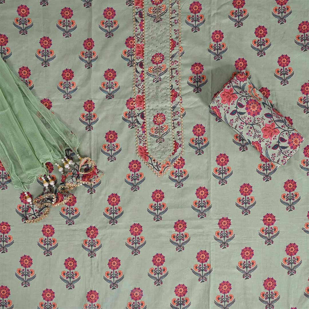 Pista Multiflower Unstitched Cotton Rajasthani Salwar Suit With Chiffon Dupatta
