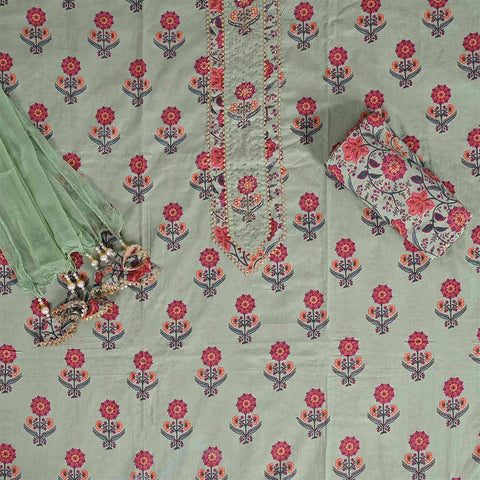 Pista Multiflower Unstitched Cotton Rajasthani Salwar Suit With Chiffon Dupatta