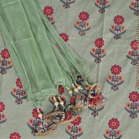 Pista Multiflower Unstitched Cotton Rajasthani Salwar Suit With Chiffon Dupatta