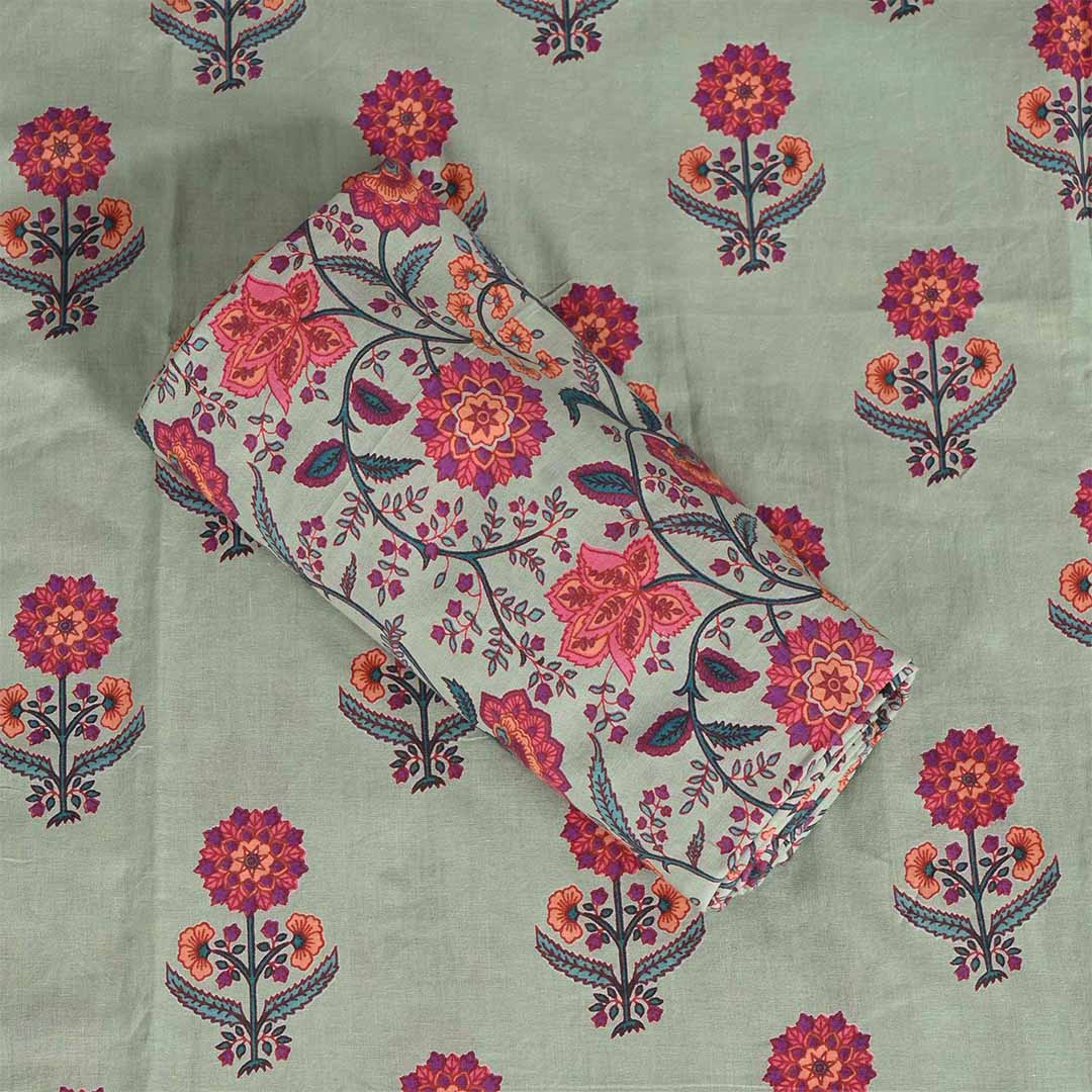 Pista Multiflower Unstitched Cotton Rajasthani Salwar Suit With Chiffon Dupatta