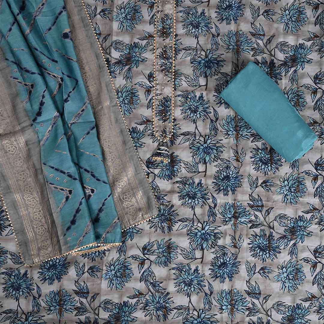 Powder Grey Blue Unstitched Muslin Jaipuri Salwar Suit With Dupatta