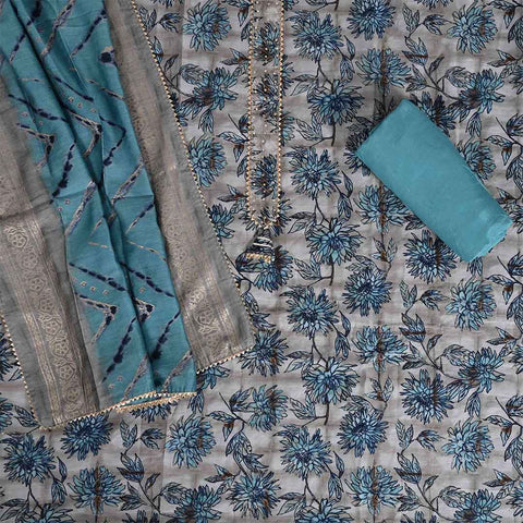 Powder Grey Blue Unstitched Muslin Jaipuri Salwar Suit With Dupatta