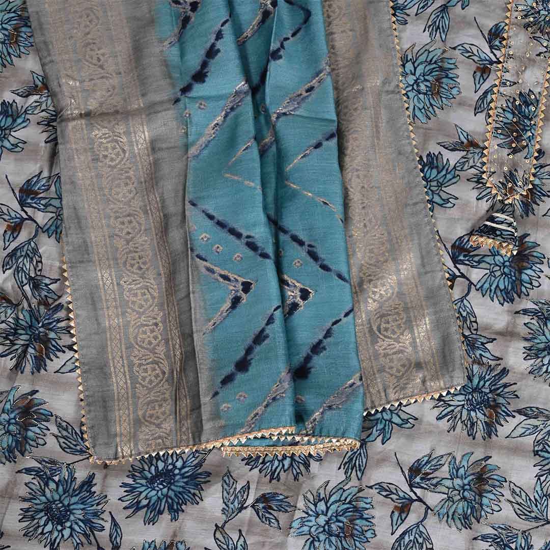 Powder Grey Blue Unstitched Muslin Jaipuri Salwar Suit With Dupatta
