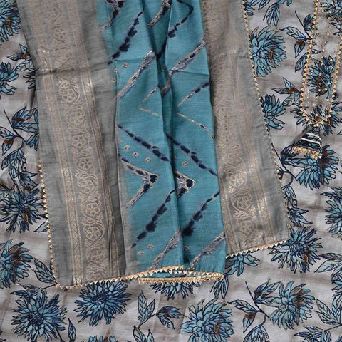 Powder Grey Blue Unstitched Muslin Jaipuri Salwar Suit With Dupatta