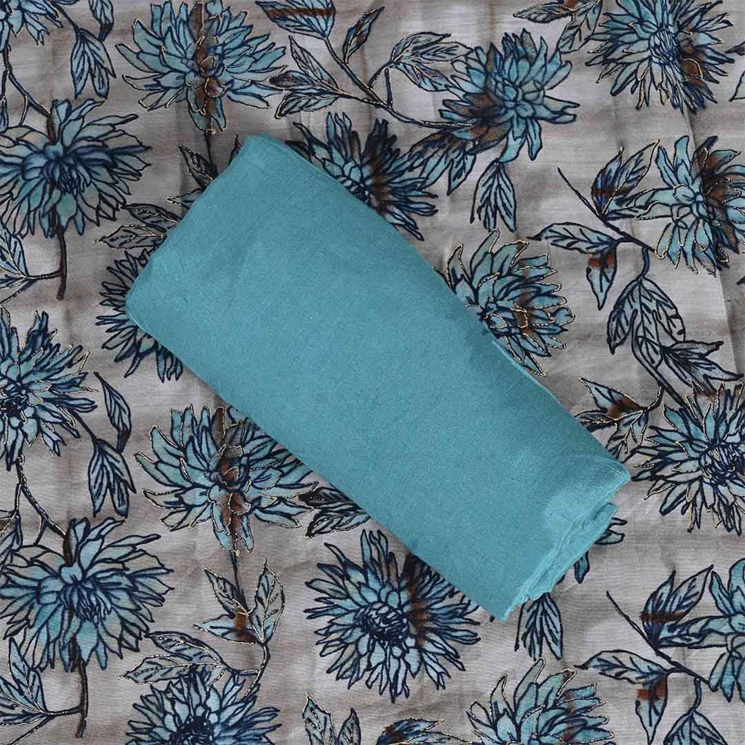 Powder Grey Blue Unstitched Muslin Jaipuri Salwar Suit With Dupatta