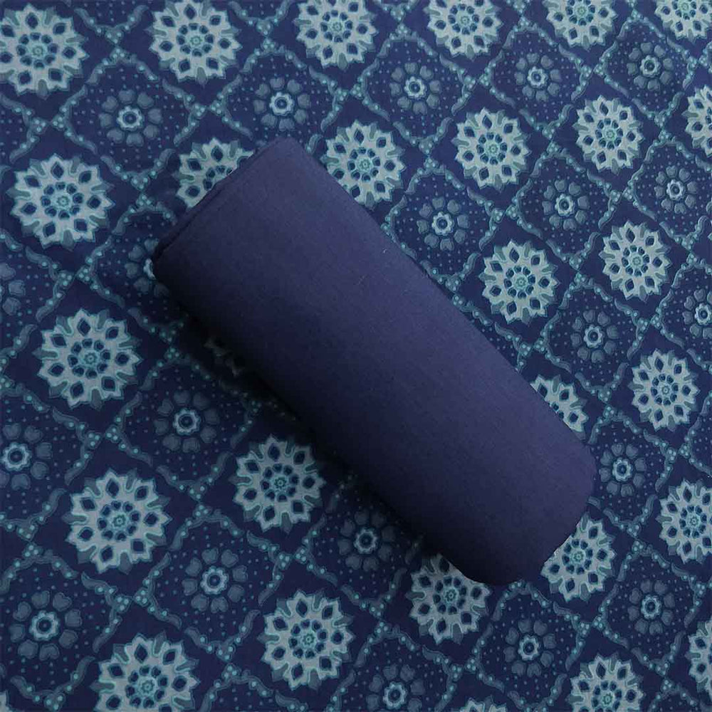 Prussian Dabu Print Unstitched Cotton Rajasthani Salwar Suit With Malmal Dupatta