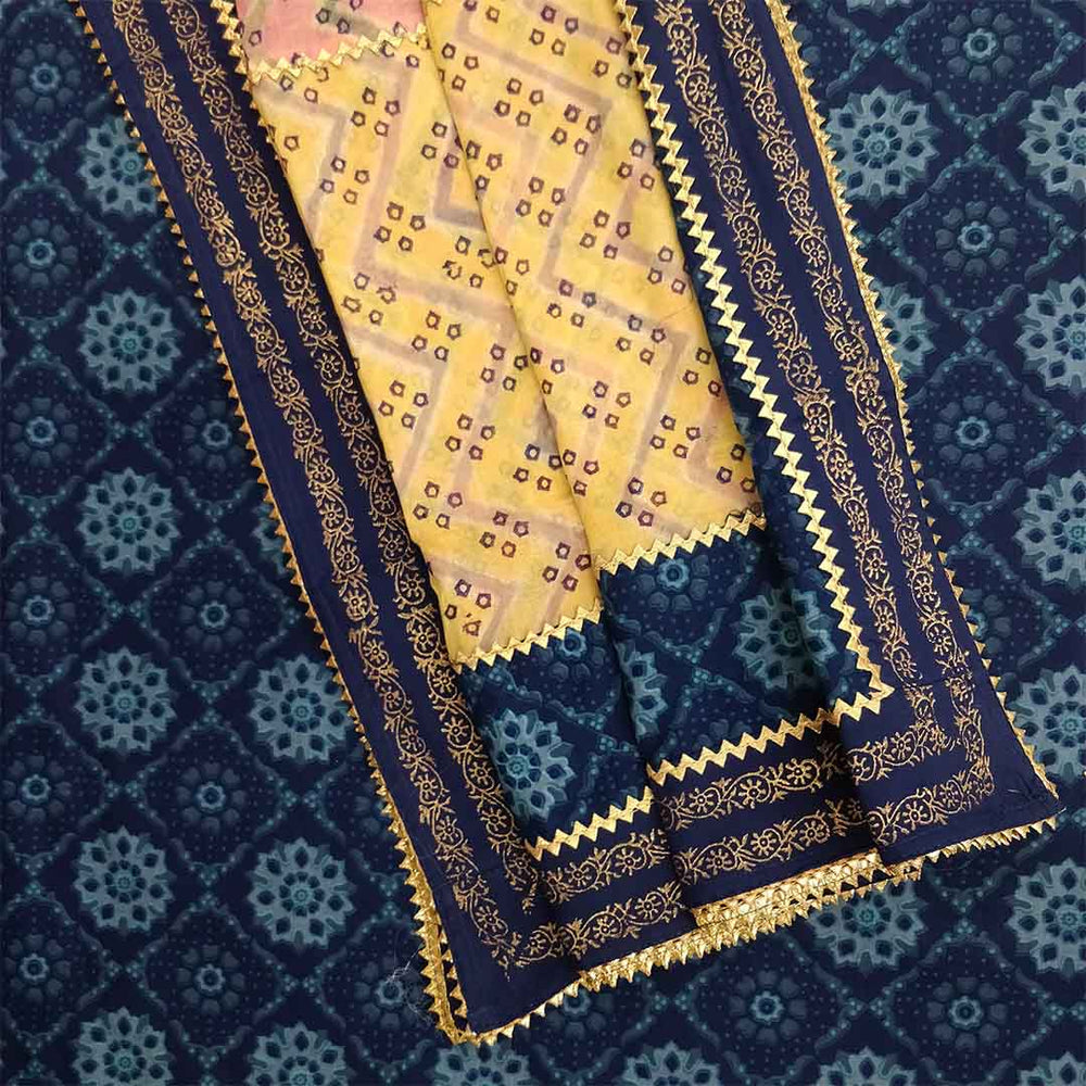 Prussian Dabu Print Unstitched Cotton Rajasthani Salwar Suit With Malmal Dupatta