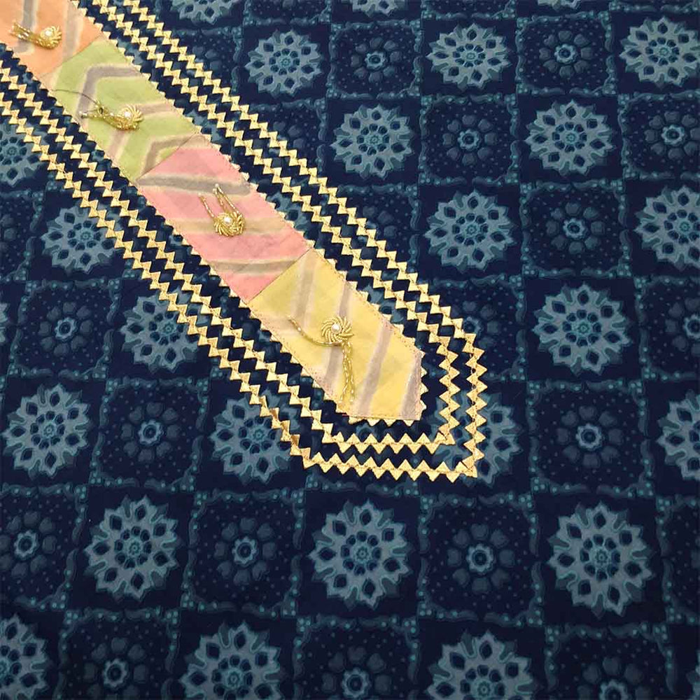 Prussian Dabu Print Unstitched Cotton Rajasthani Salwar Suit With Malmal Dupatta