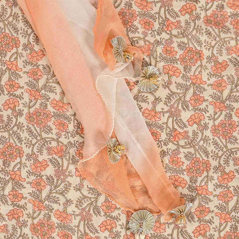 Pumpkin Peach Unstitched Cotton Jaipuri Suit Set With Chiffon Dupatta