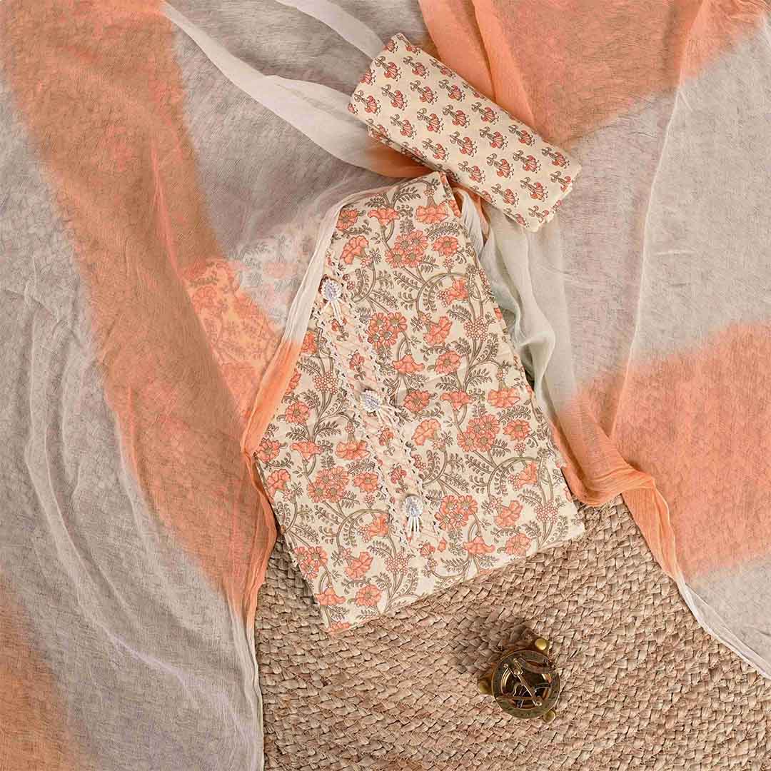 Pumpkin Peach Unstitched Cotton Jaipuri Suit Set With Chiffon Dupatta