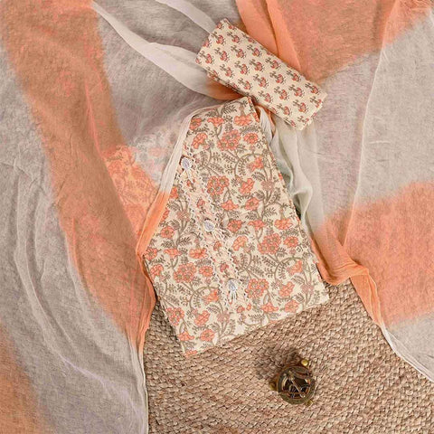 Pumpkin Peach Unstitched Cotton Jaipuri Suit Set With Chiffon Dupatta
