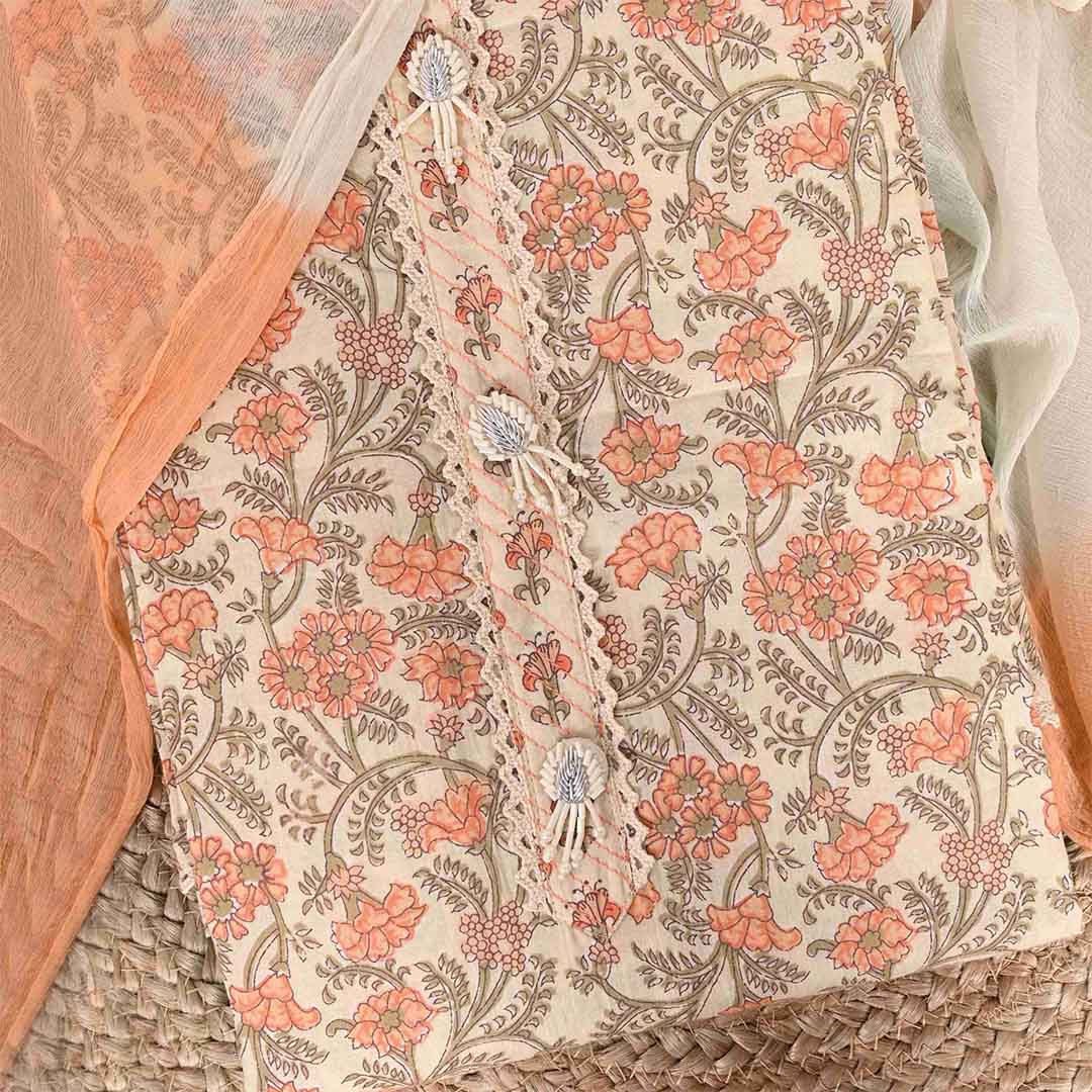 Pumpkin Peach Unstitched Cotton Jaipuri Suit Set With Chiffon Dupatta