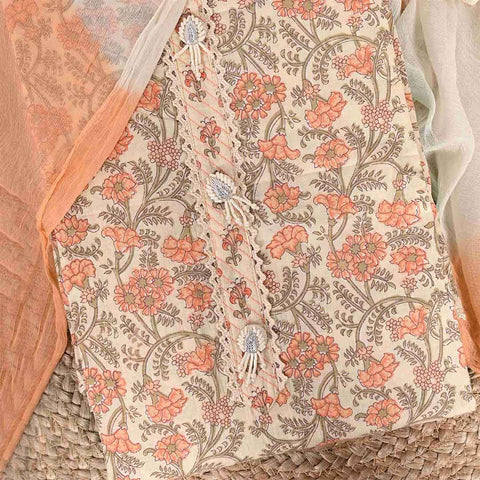 Pumpkin Peach Unstitched Cotton Jaipuri Suit Set With Chiffon Dupatta