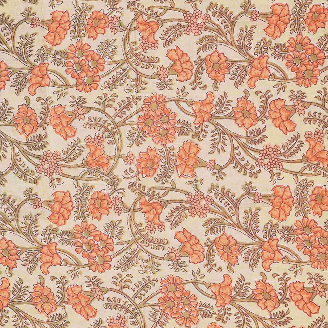Pumpkin Peach Unstitched Cotton Jaipuri Suit Set With Chiffon Dupatta