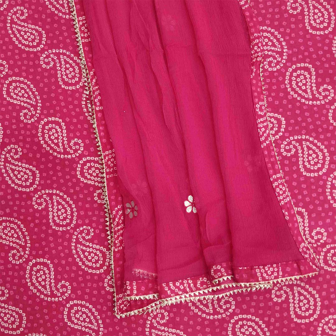 Queen Bandhej Unstitched Cotton Rajasthani Suit Set With Chiffon Dupatta
