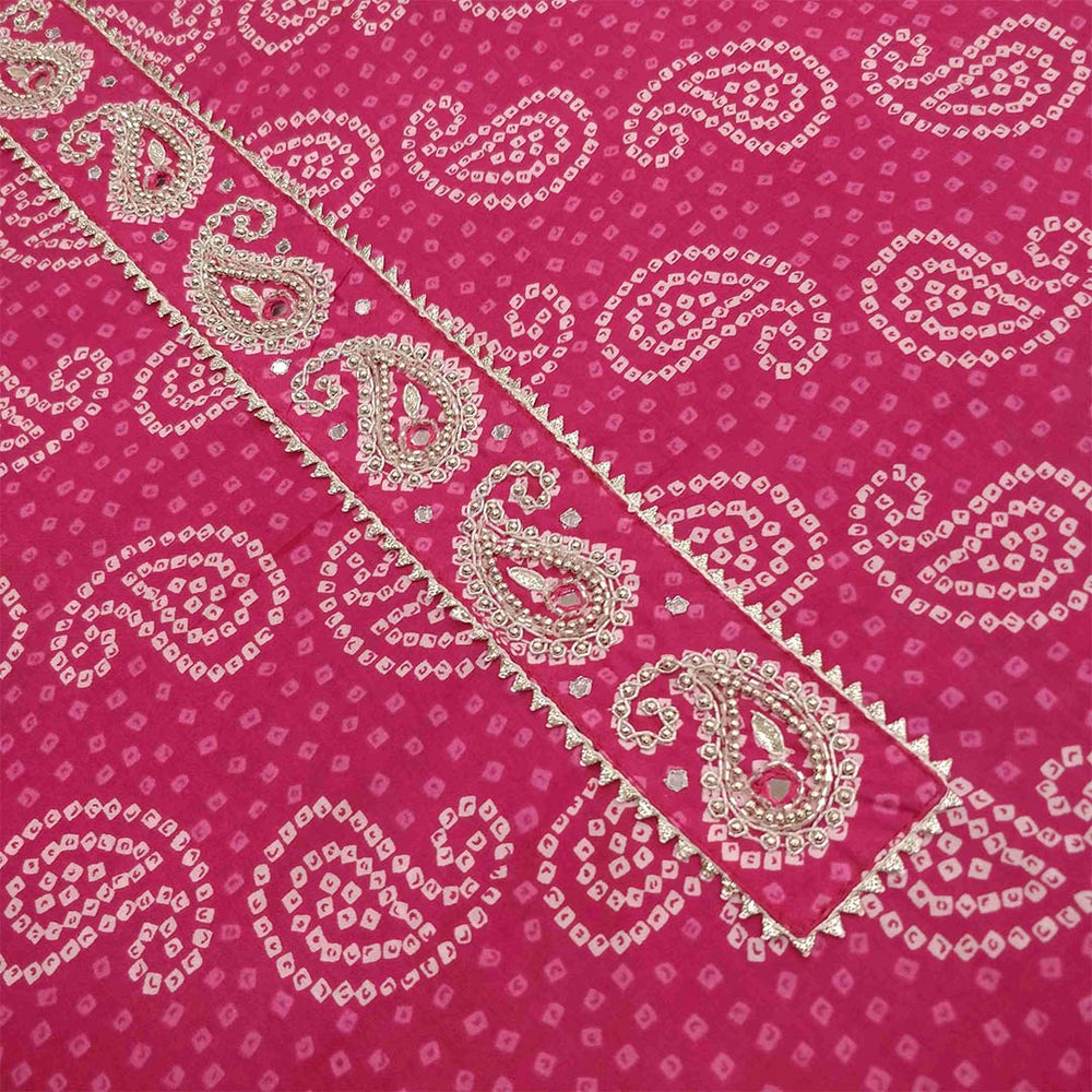 Queen Bandhej Unstitched Cotton Rajasthani Suit Set With Chiffon Dupatta