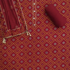 Rajasthani Bandhej Unstitched Muslin Suit Set With Silk Dupatta