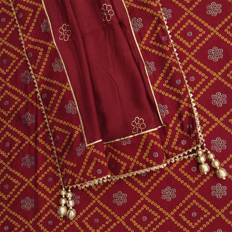 Rajasthani Bandhej Unstitched Muslin Suit Set With Silk Dupatta