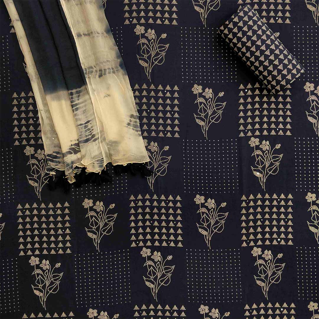 Random Navy Unstitched Cotton Rajasthani Suit Set With Chiffon Dupatta