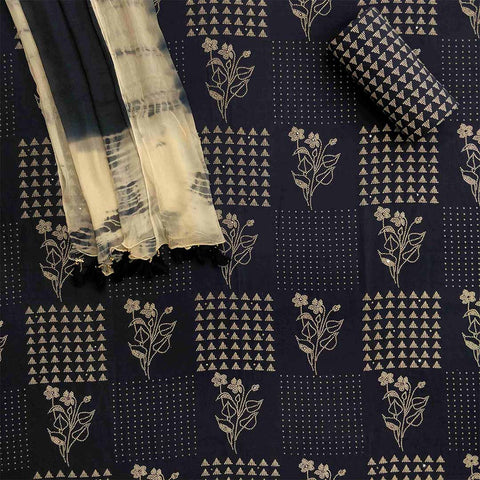 Random Navy Unstitched Cotton Rajasthani Suit Set With Chiffon Dupatta
