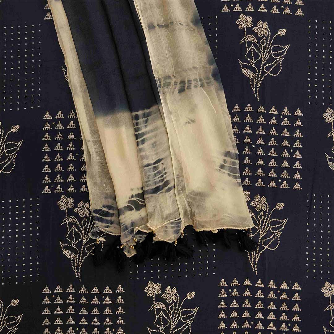 Random Navy Unstitched Cotton Rajasthani Suit Set With Chiffon Dupatta