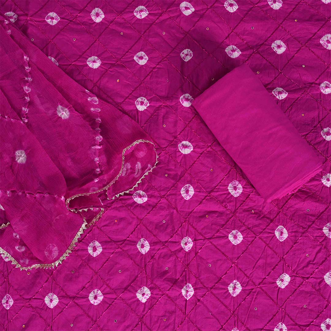 Rani Bandhej Unstitched Cotton Jaipuri Salwar Suit With Chiffon Dupatta