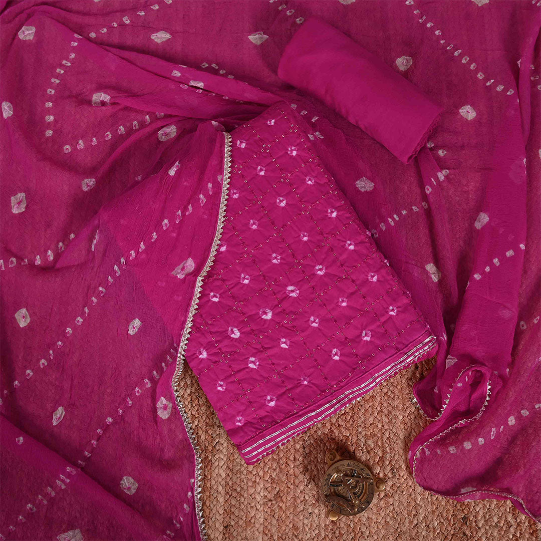 Rani Bandhej Unstitched Cotton Jaipuri Suit Set With Chiffon Dupatta
