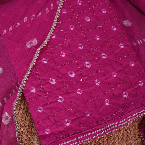 Rani Bandhej Unstitched Cotton Jaipuri Suit Set With Chiffon Dupatta