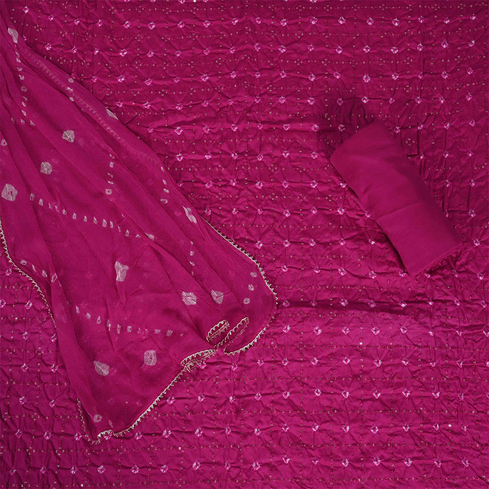 Rani Bandhej Unstitched Cotton Jaipuri Suit Set With Chiffon Dupatta