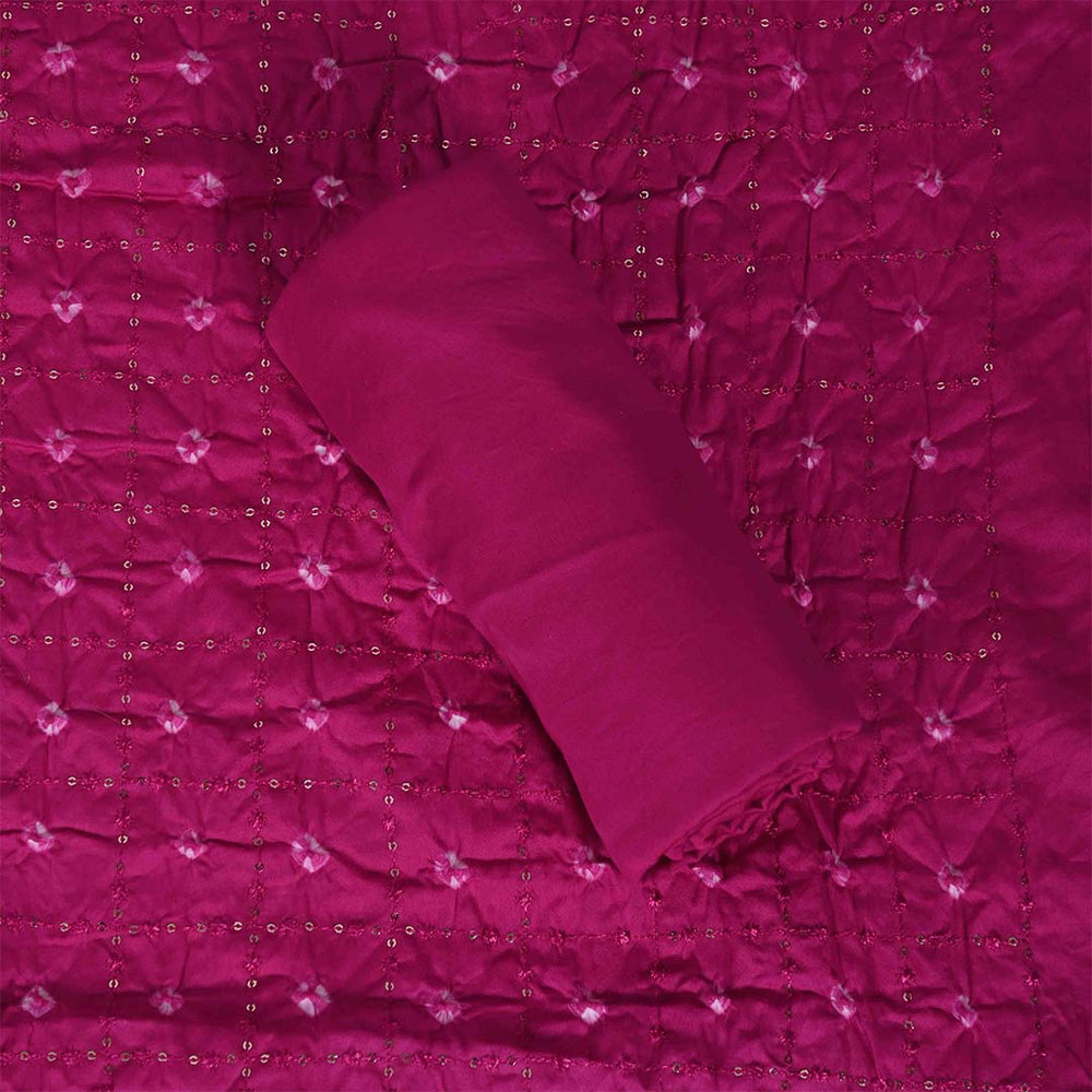 Rani Bandhej Unstitched Cotton Jaipuri Suit Set With Chiffon Dupatta