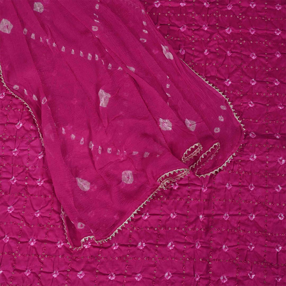 Rani Bandhej Unstitched Cotton Jaipuri Suit Set With Chiffon Dupatta