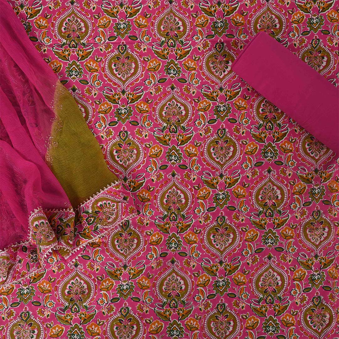 Rani Garden Unstitched Cotton Jaipuri Salwar Suit With Chiffon Dupatta