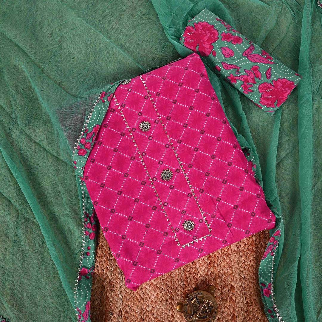 Rani Rama Unstitched Cotton Rajasthani Suit Set With Chiffon Dupatta