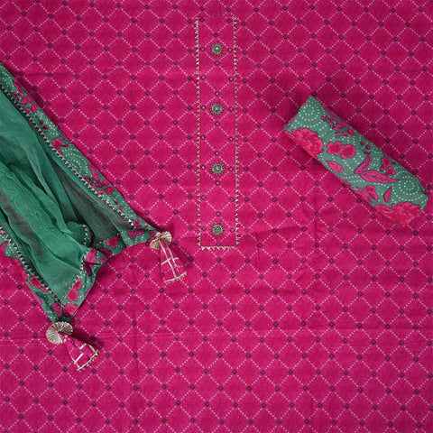 Rani Rama Unstitched Cotton Rajasthani Suit Set With Chiffon Dupatta