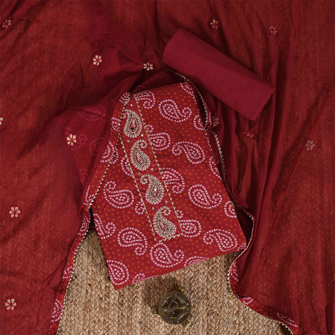 Red Bandhej Unstitched Cotton Jaipuri Salwar Suit With Chiffon Dupatta