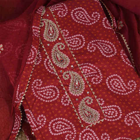 Red Bandhej Unstitched Cotton Jaipuri Salwar Suit With Chiffon Dupatta