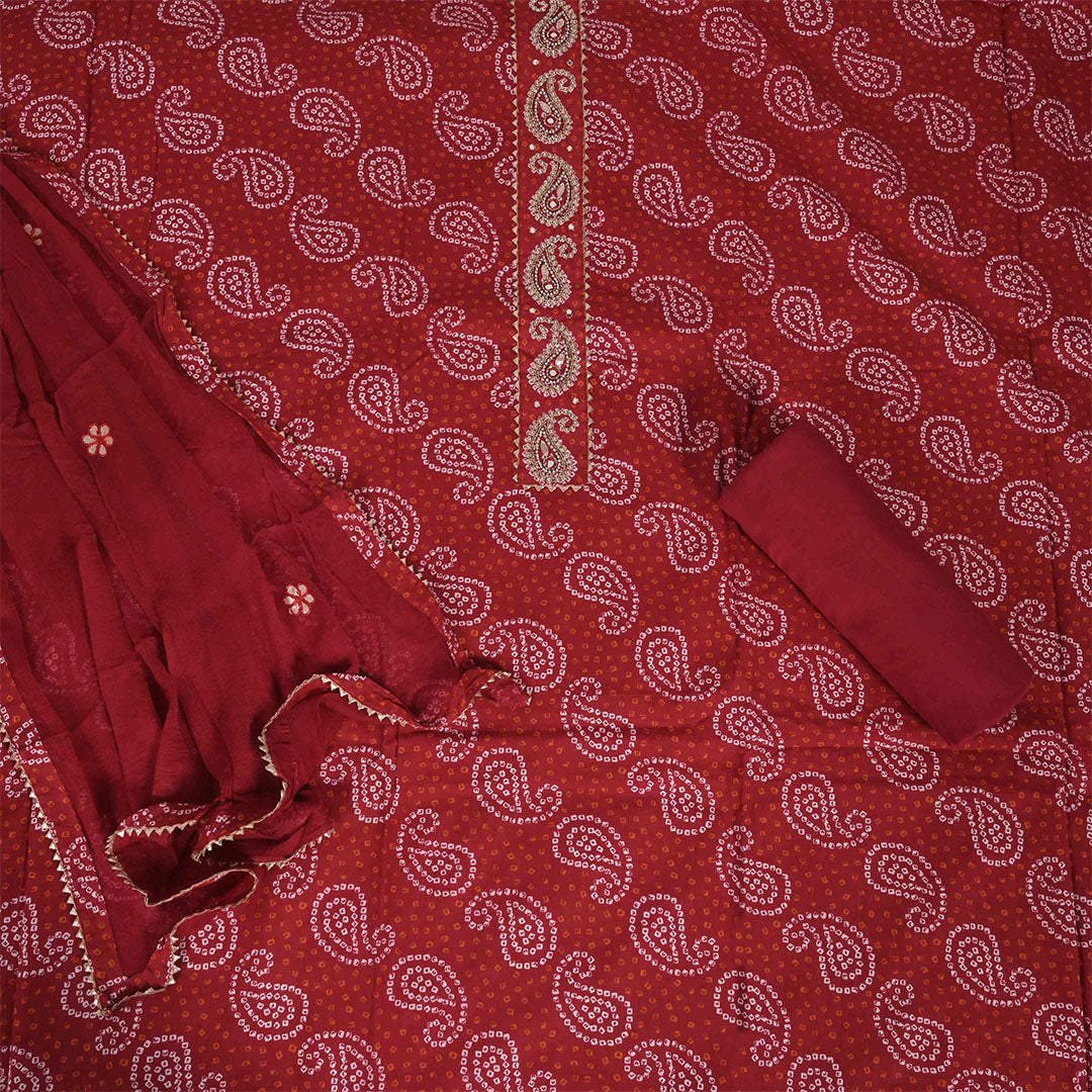 Red Bandhej Unstitched Cotton Jaipuri Salwar Suit With Chiffon Dupatta