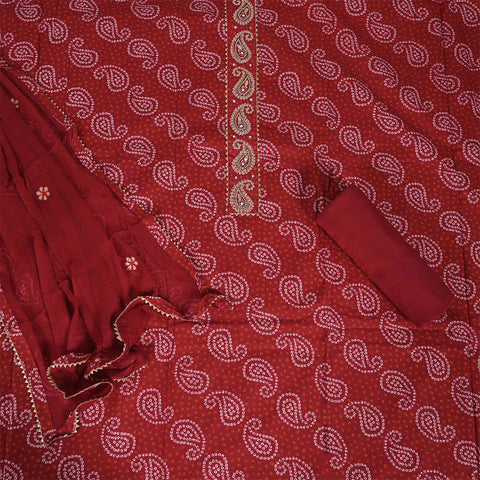 Red Bandhej Unstitched Cotton Jaipuri Salwar Suit With Chiffon Dupatta