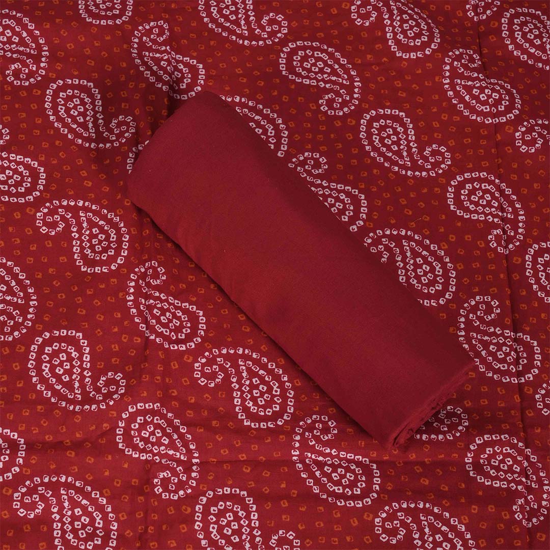 Red Bandhej Unstitched Cotton Jaipuri Salwar Suit With Chiffon Dupatta