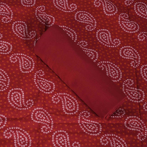 Red Bandhej Unstitched Cotton Jaipuri Salwar Suit With Chiffon Dupatta