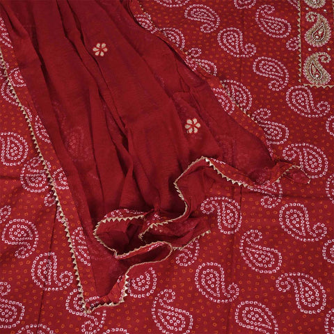Red Bandhej Unstitched Cotton Jaipuri Salwar Suit With Chiffon Dupatta