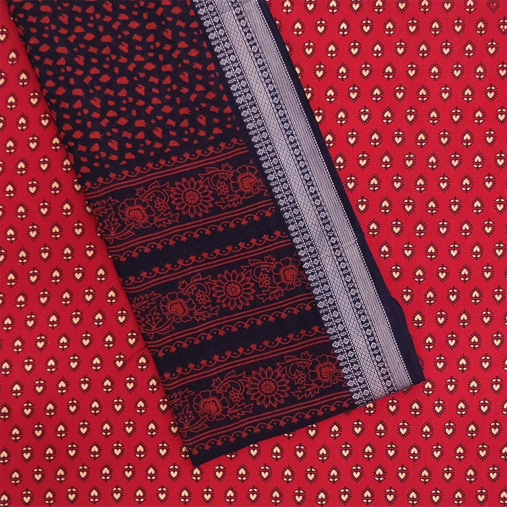 Red Blue Heart Unstitched Cotton Rajasthani Suit Set With Malmal Dupatta