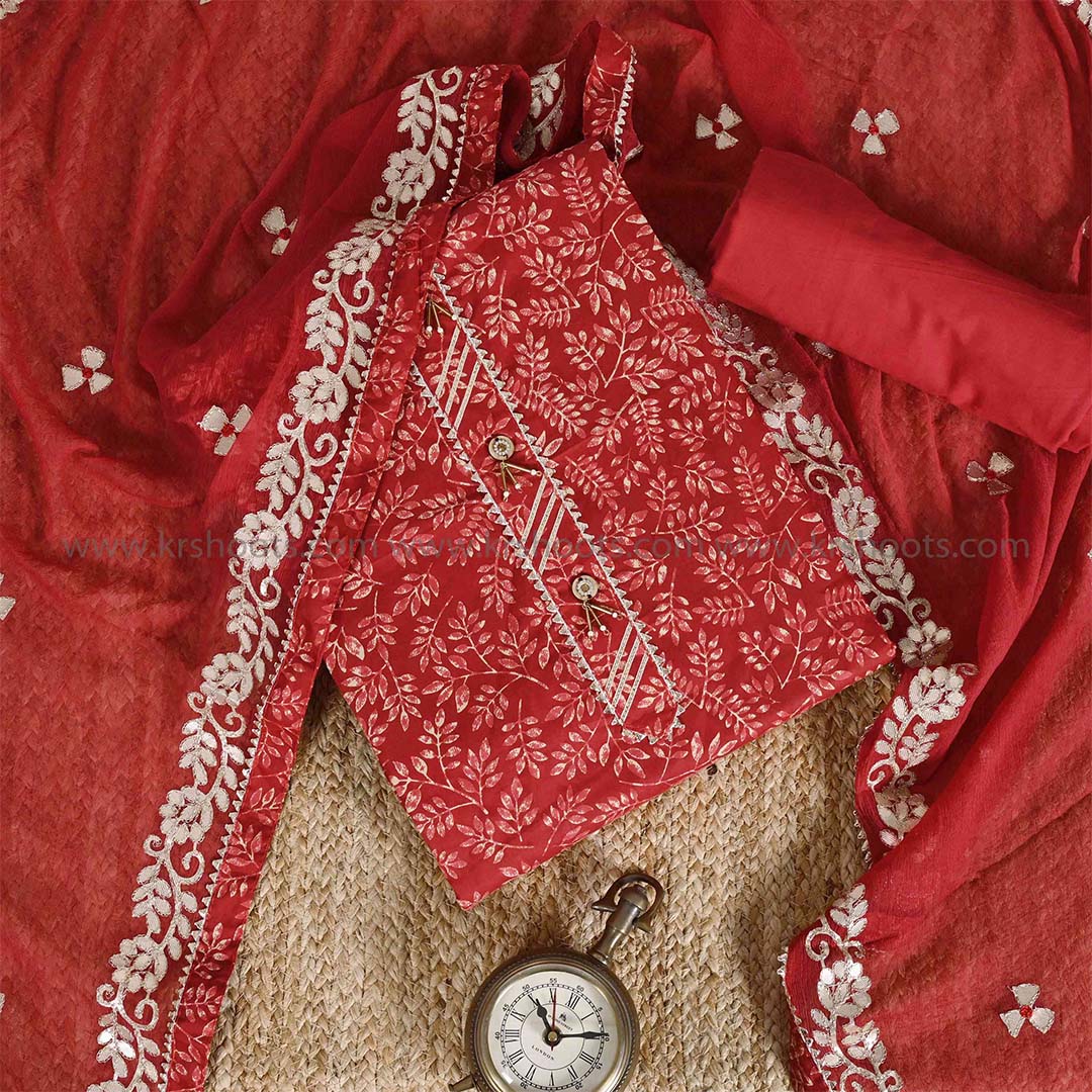 Red Leaf Unstitched Cotton Jaipuri Salwar Suit With Chiffon Dupatta