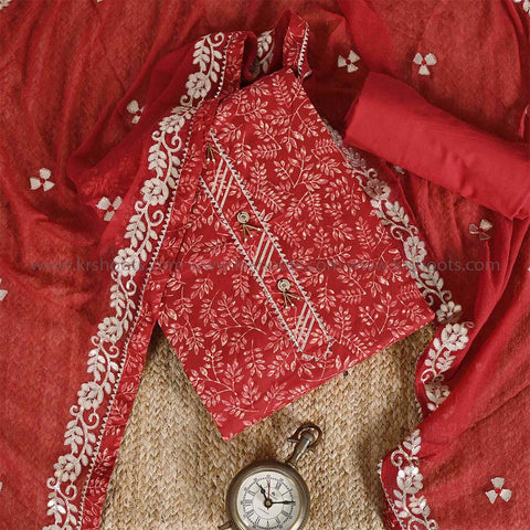 Red Leaf Unstitched Cotton Jaipuri Salwar Suit With Chiffon Dupatta