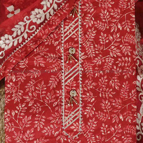 Red Leaf Unstitched Cotton Jaipuri Salwar Suit With Chiffon Dupatta