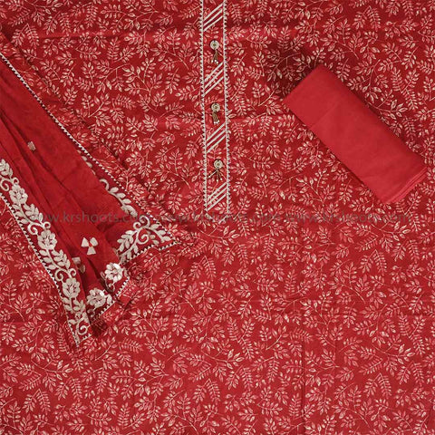 Red Leaf Unstitched Cotton Jaipuri Salwar Suit With Chiffon Dupatta